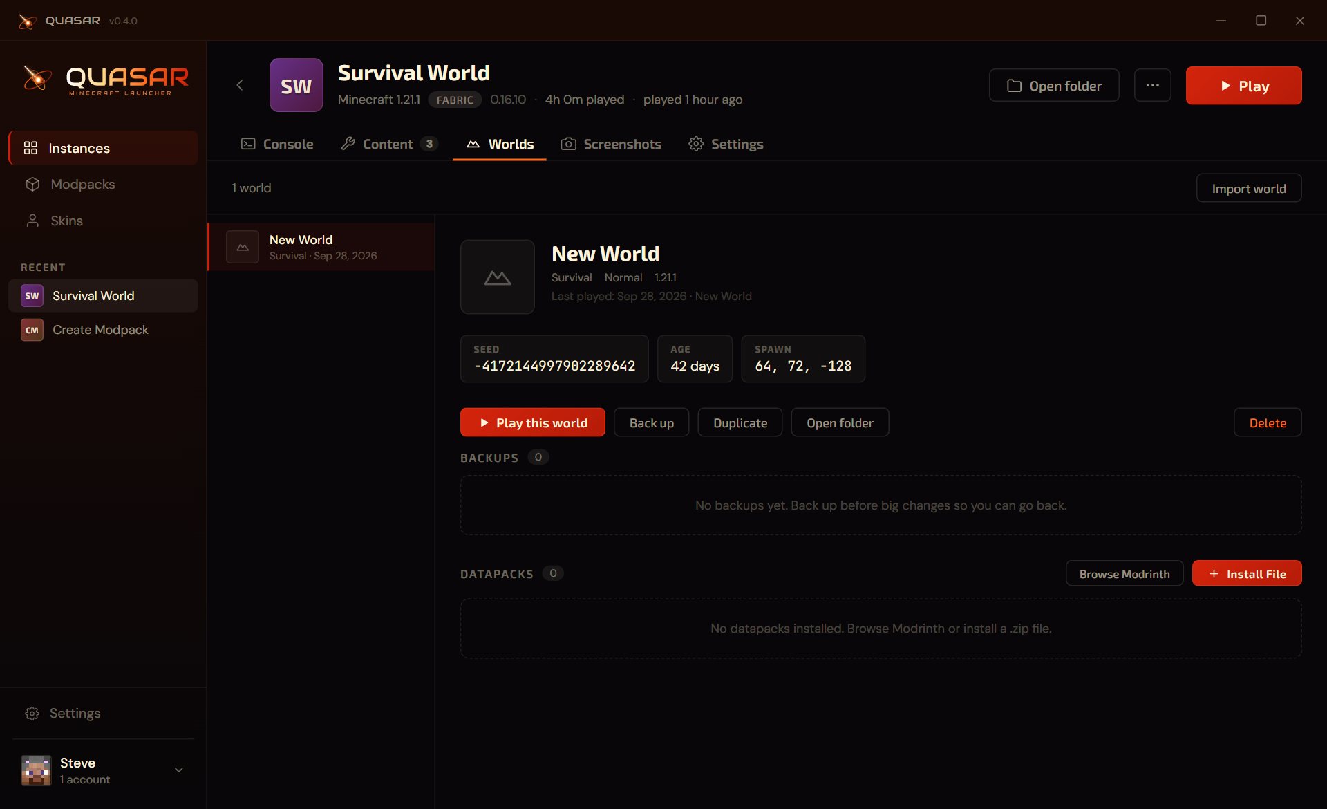 World details and backups in Quasar